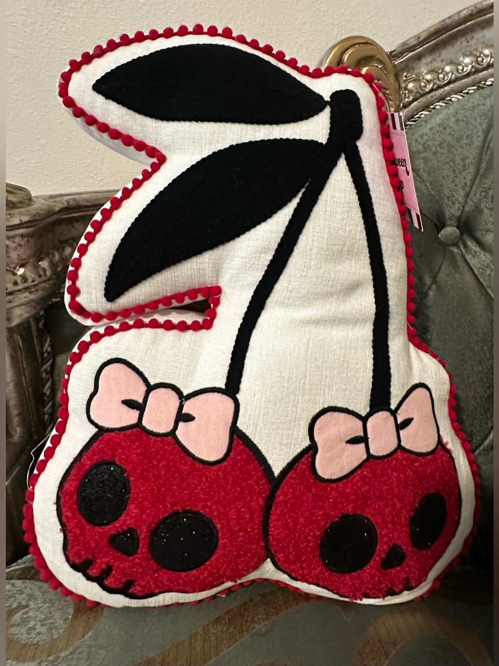 Pillow Cherry Skull Plush Pink & Red Accent 15x16” decorative pillow new